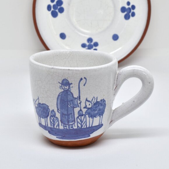 Hand Painted Terracotta Demitasse Cup / Saucer, Blue & White, Portugal, 1972 - Picture 3 of 11